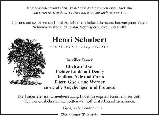 Traueranzeige von Henri Schubert von Lausitzer Rundschau