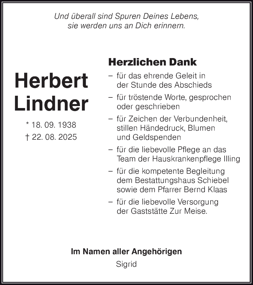  Traueranzeige für Herbert Lindner vom 11.10.2025 aus Lausitzer Rundschau