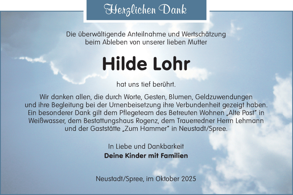  Traueranzeige für Hilde Lohr vom 25.10.2025 aus Lausitzer Rundschau