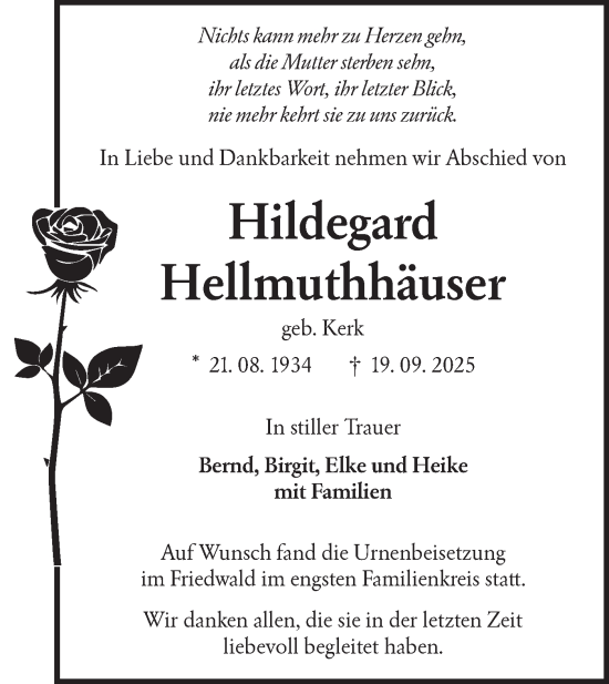 Traueranzeige von Hildegard Hellmuthhäuser von Lausitzer Rundschau