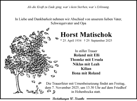 Traueranzeige von Horst Matischok von Lausitzer Rundschau