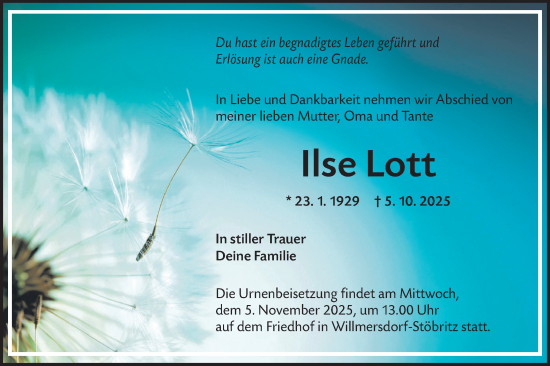 Traueranzeige von Ilse Lott von Lausitzer Rundschau