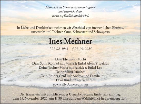 Traueranzeige von Ines Methner von Lausitzer Rundschau