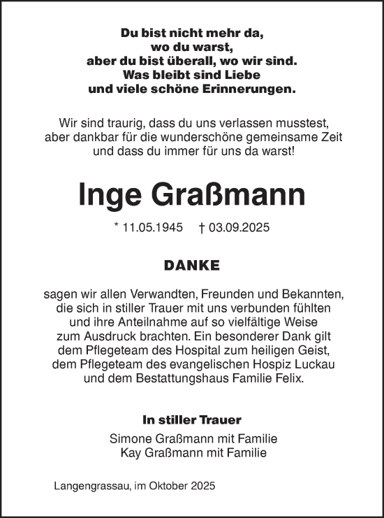Traueranzeige von Inge Graßmann von Lausitzer Rundschau