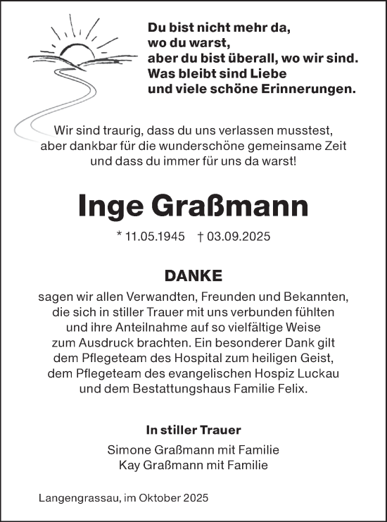 Traueranzeige von Inge Graßmann von Lausitzer Rundschau