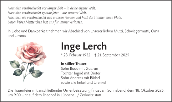 Traueranzeige von Inge Lerch von Lausitzer Rundschau