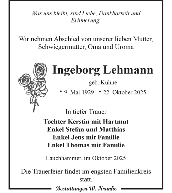 Traueranzeige von Ingeborg Lehmann von Lausitzer Rundschau