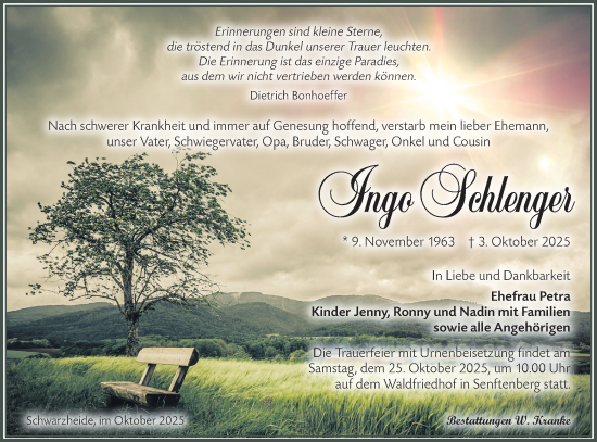 Traueranzeige von Ingo Schlenger von Lausitzer Rundschau