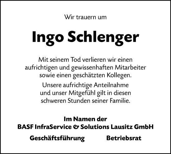 Traueranzeige von Ingo Schlenger von Lausitzer Rundschau