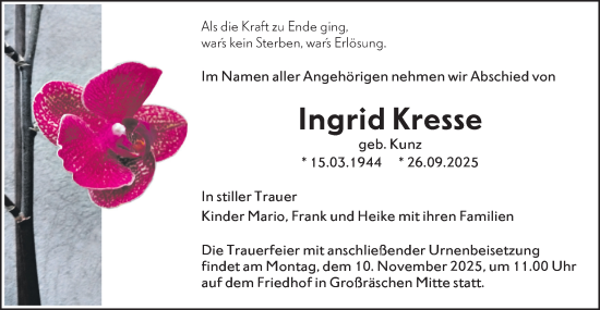 Traueranzeige von Ingrid Kresse von Lausitzer Rundschau