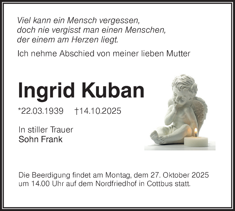 Traueranzeige für Ingrid Kuban vom 25.10.2025 aus Lausitzer Rundschau