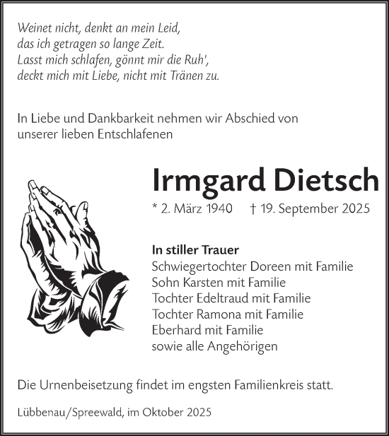 Traueranzeige von Irmgard Dietsch von Lausitzer Rundschau