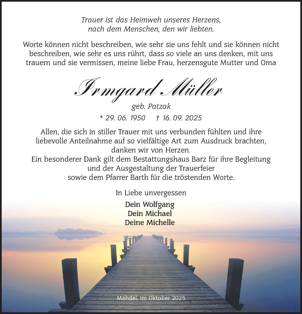  Traueranzeige für Irmgard Müller vom 18.10.2025 aus Lausitzer Rundschau