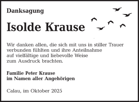 Traueranzeige von Isolde Krause von Ausg. LR Spreewald RS