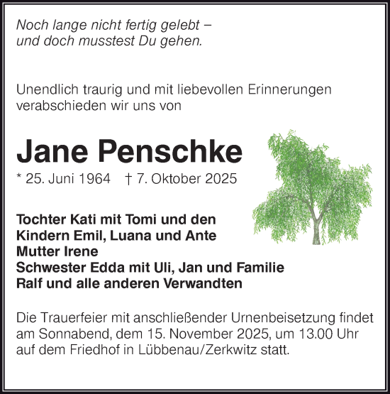 Traueranzeige von Jane Penschke von Lausitzer Rundschau