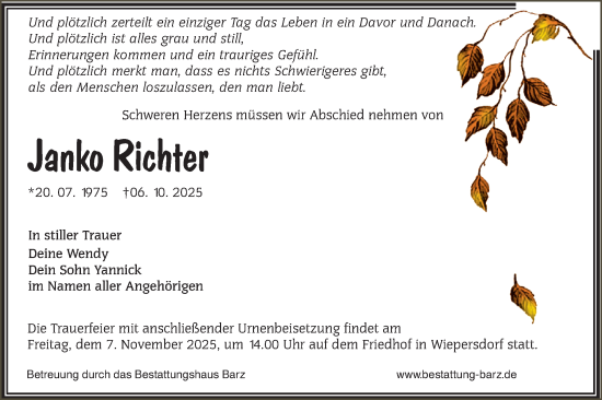Traueranzeige von Janko Richter von Lausitzer Rundschau