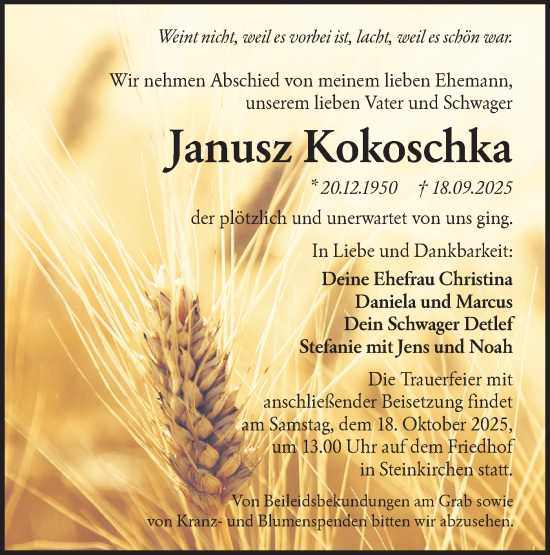 Traueranzeige von Janusz Kokoschka von Lausitzer Rundschau