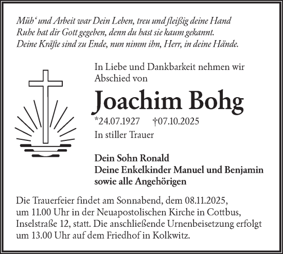 Traueranzeige von Joachim Bohg von Lausitzer Rundschau