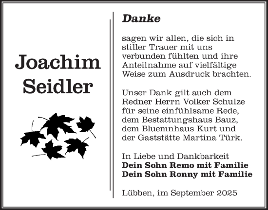 Traueranzeige von Joachim Seidler von Lausitzer Rundschau