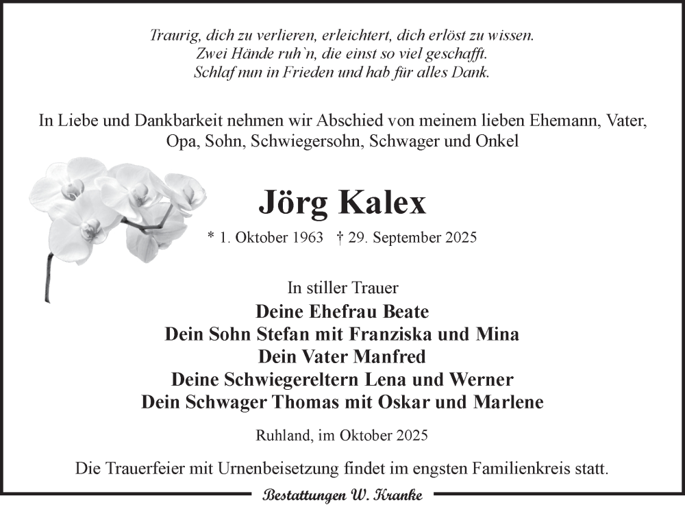  Traueranzeige für Jörg Kalex vom 11.10.2025 aus Lausitzer Rundschau