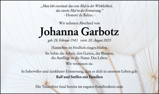 Traueranzeige von Johanna Garbotz von Lausitzer Rundschau
