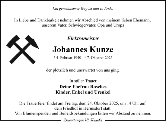 Traueranzeige von Johannes Kunze von Lausitzer Rundschau