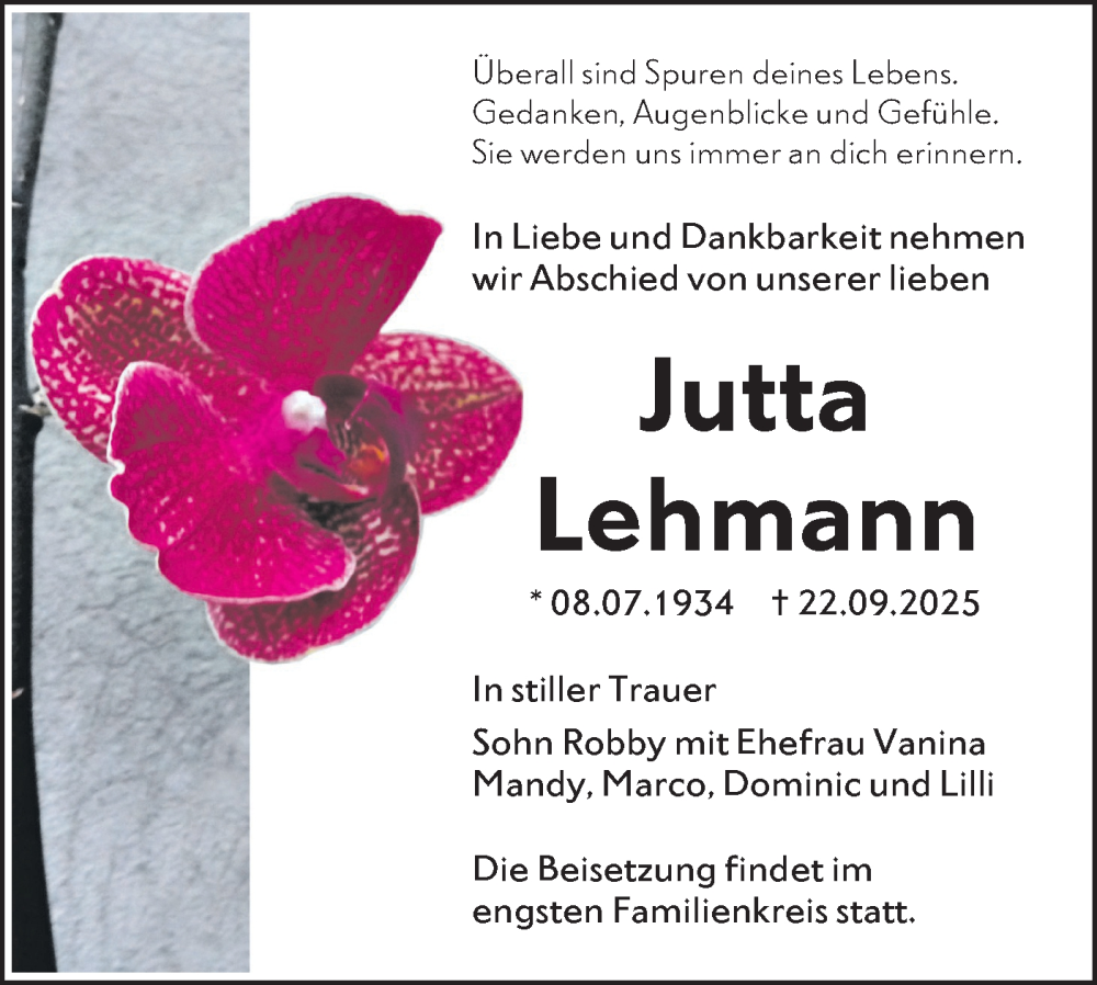  Traueranzeige für Jutta Lehmann vom 18.10.2025 aus Lausitzer Rundschau