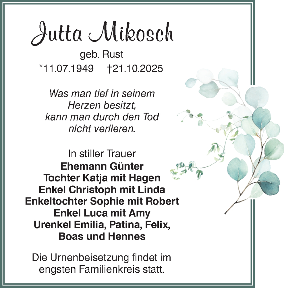  Traueranzeige für Jutta Mikosch vom 25.10.2025 aus Lausitzer Rundschau