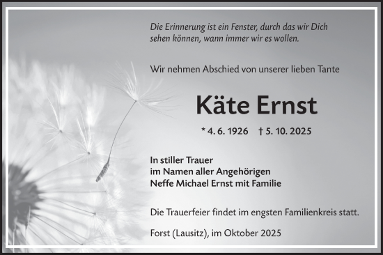 Traueranzeige von Käte Ernst von Lausitzer Rundschau