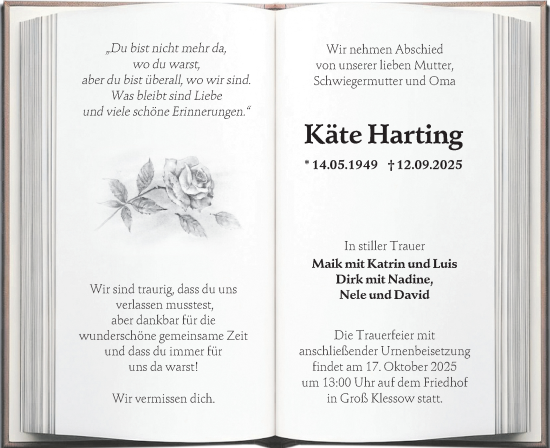 Traueranzeige von Käte Harting von Ausg. LR Spreewald RS