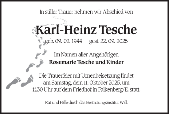 Traueranzeige von Karl-Heinz Tesche von Lausitzer Rundschau