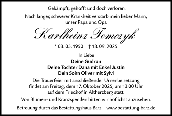 Traueranzeige von Karlheinz Tomczyk von Lausitzer Rundschau