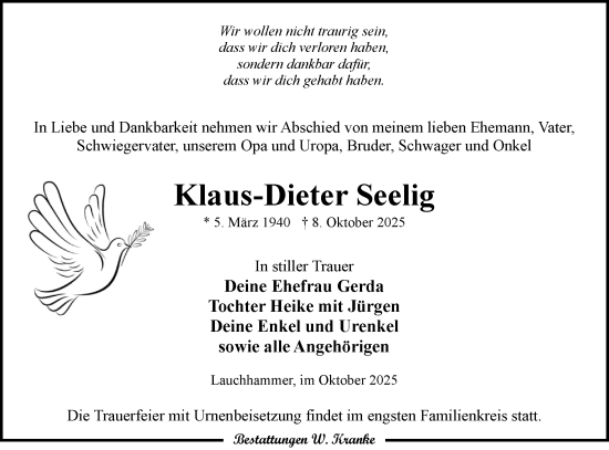 Traueranzeige von Klaus-Dieter Seelig von Lausitzer Rundschau