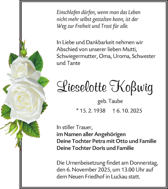 Traueranzeige von Lieselotte Koßwig von Lausitzer Rundschau