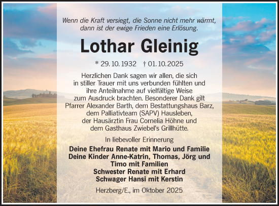 Traueranzeige von Lothar Gleinig von Lausitzer Rundschau