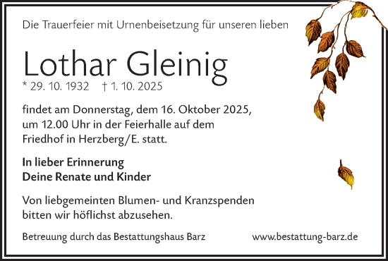 Traueranzeige von Lothar Gleinig von Lausitzer Rundschau
