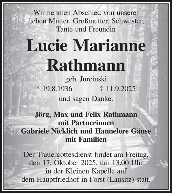 Traueranzeige von Lucie Marianne Rathmann von Lausitzer Rundschau
