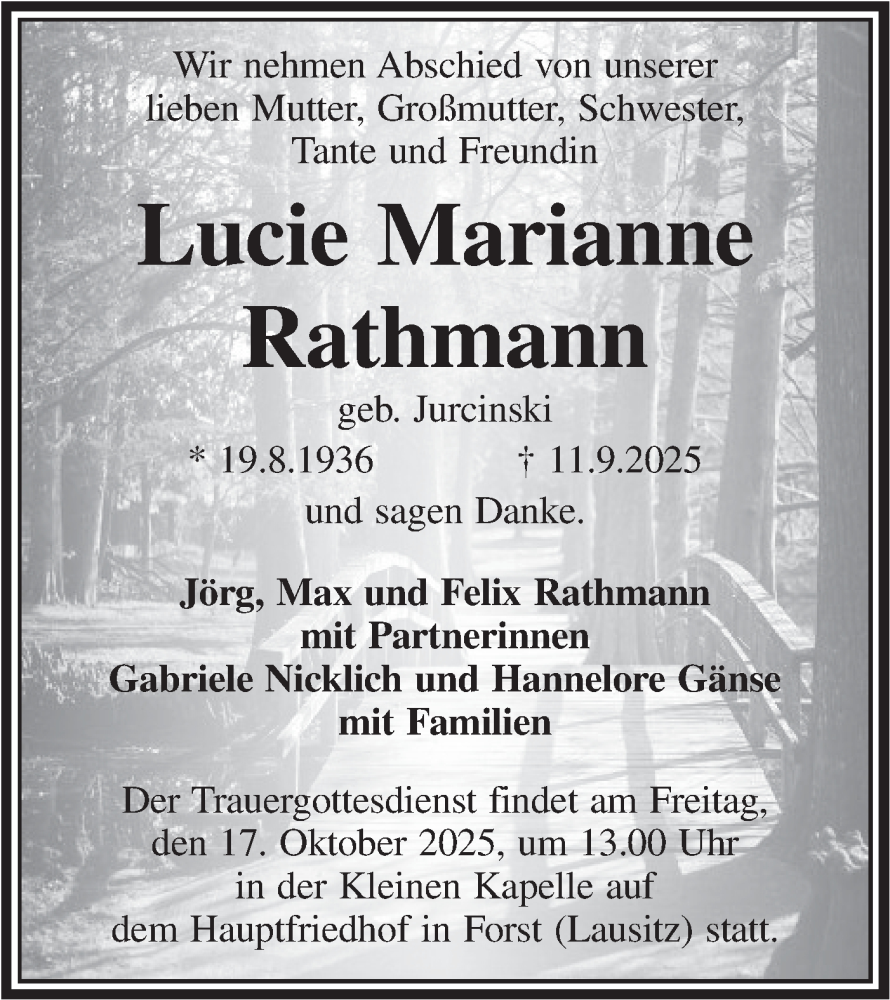  Traueranzeige für Lucie Marianne Rathmann vom 11.10.2025 aus Lausitzer Rundschau