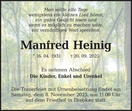 Traueranzeige von Manfred Heinig von Lausitzer Rundschau