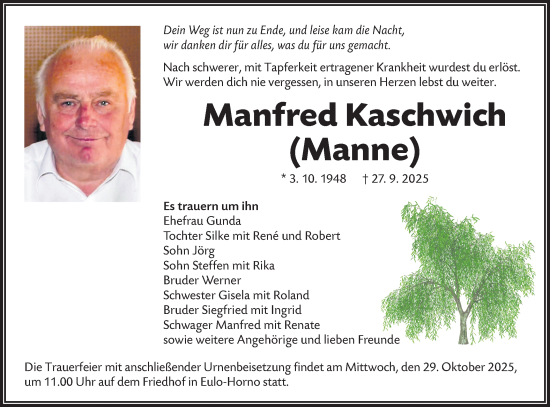 Traueranzeige von Manfred Kaschwich von Lausitzer Rundschau
