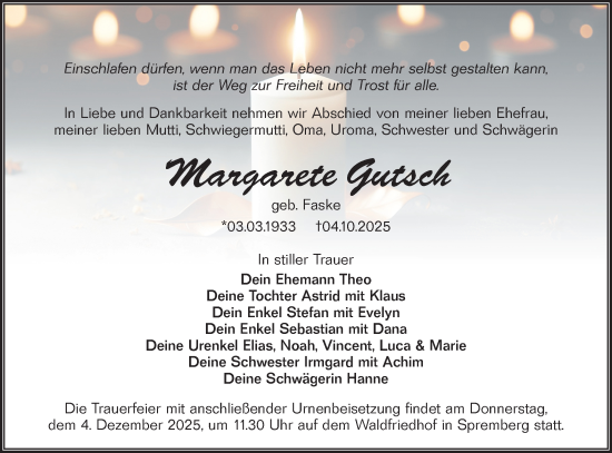Traueranzeige von Margarete Gutsch von Lausitzer Rundschau