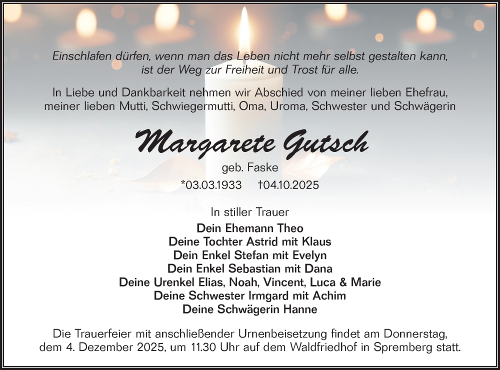  Traueranzeige für Margarete Gutsch vom 18.10.2025 aus Lausitzer Rundschau