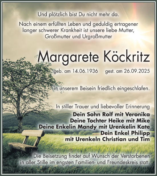Traueranzeige von Margarete Köckritz von Lausitzer Rundschau