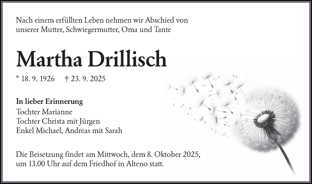  Traueranzeige für Martha Drillisch vom 04.10.2025 aus Lausitzer Rundschau
