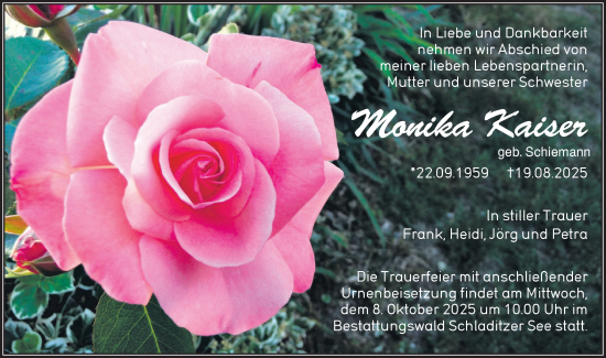 Traueranzeige von Monika Kaiser von Lausitzer Rundschau