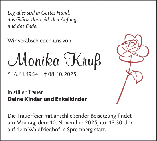 Traueranzeige von Monika Kruß von Lausitzer Rundschau