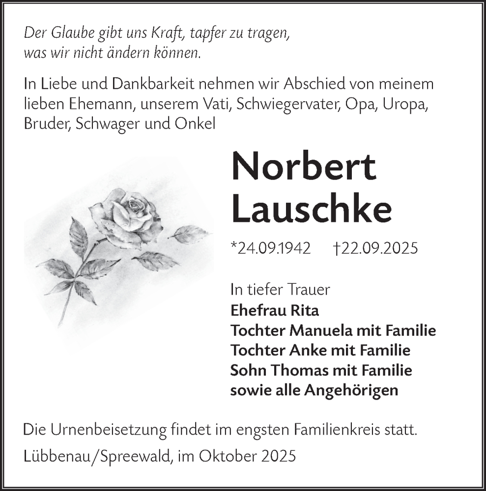  Traueranzeige für Norbert Lauschke vom 04.10.2025 aus Lausitzer Rundschau