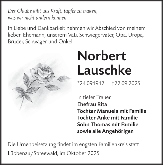Traueranzeige von Norbert Lauschke von Lausitzer Rundschau