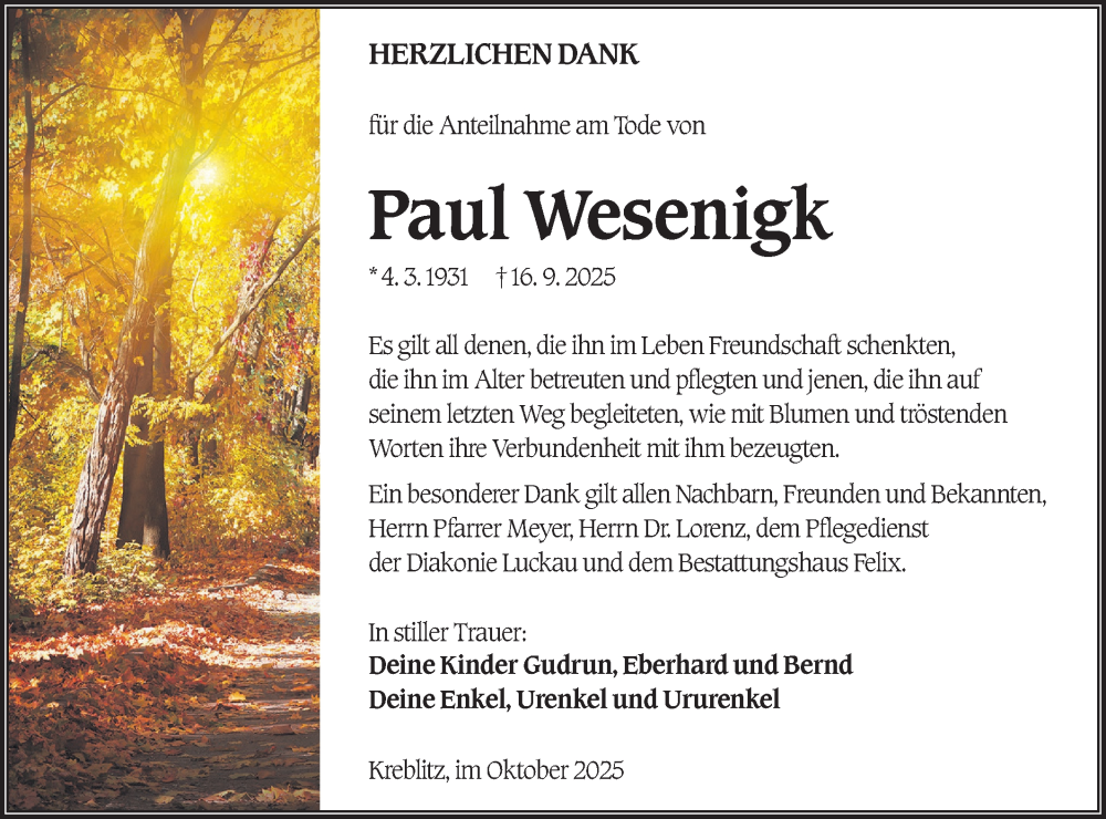  Traueranzeige für Paul Wesenigk vom 11.10.2025 aus Lausitzer Rundschau