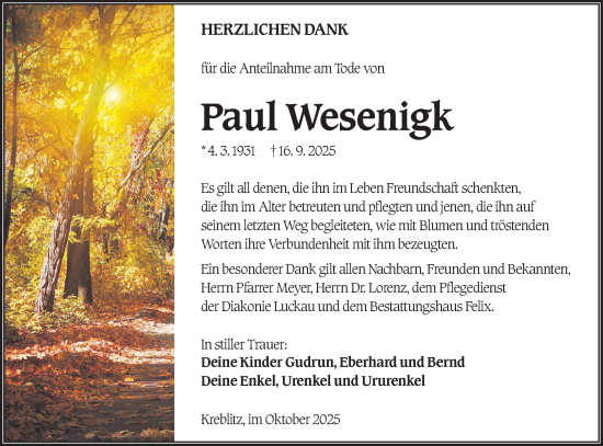 Traueranzeige von Paul Wesenigk von Lausitzer Rundschau